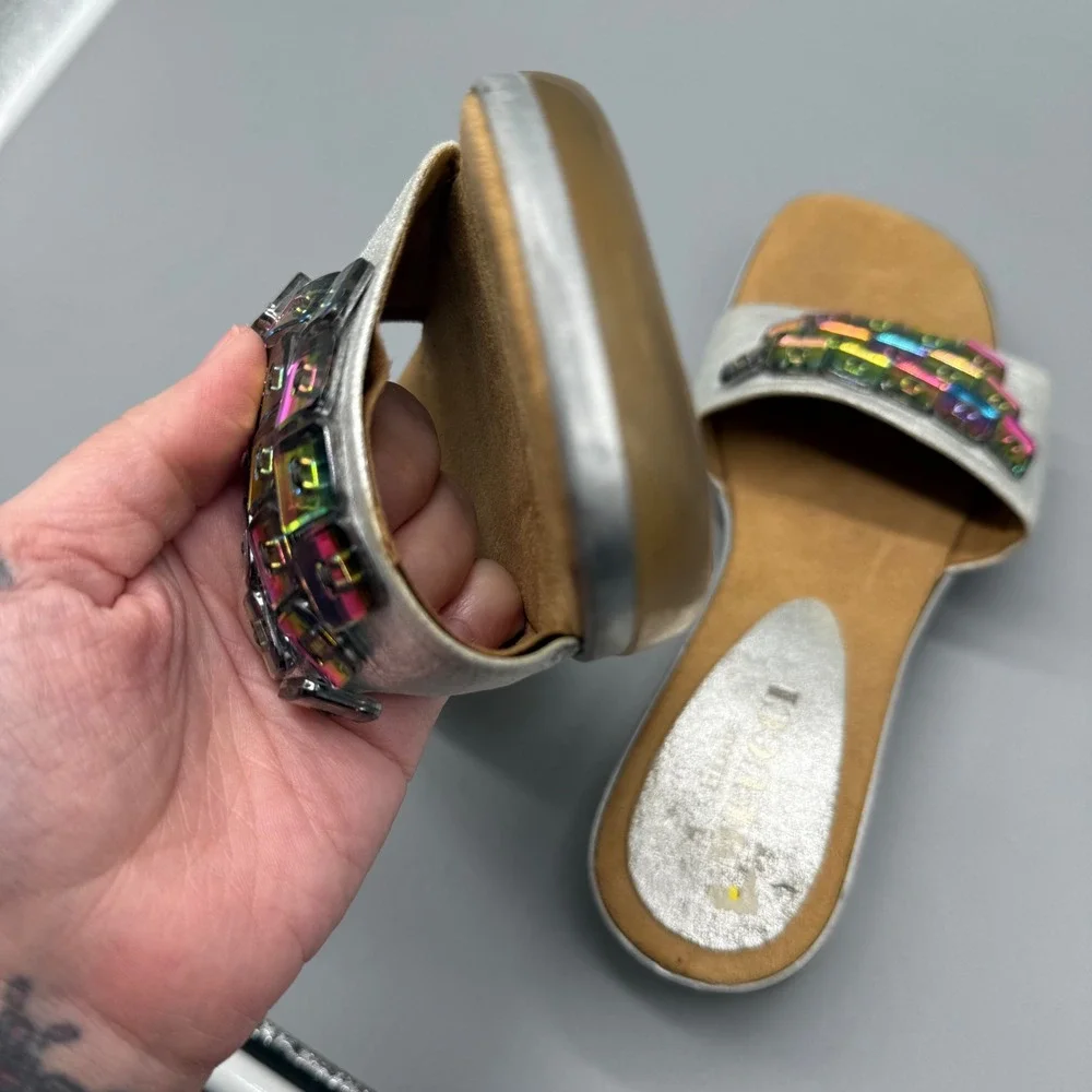 Y2K Sesto Meucci‎ Mens Silver Metallic Rainbow Gemstone Wedge Slide Sandals 6.5M